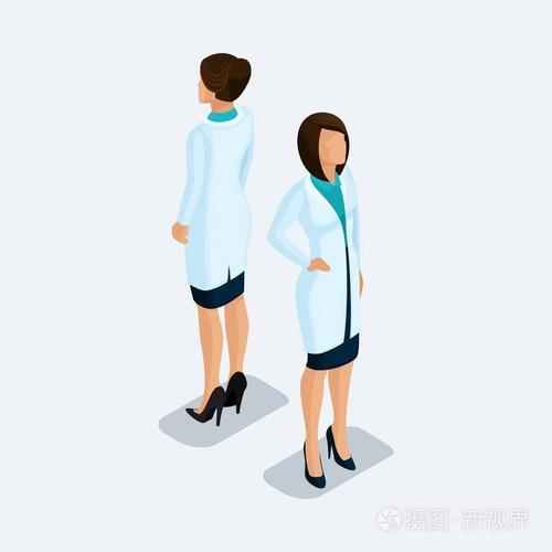 等距的时尚人士医学实践和研究医院女医生一名外科医生人前视图后站在